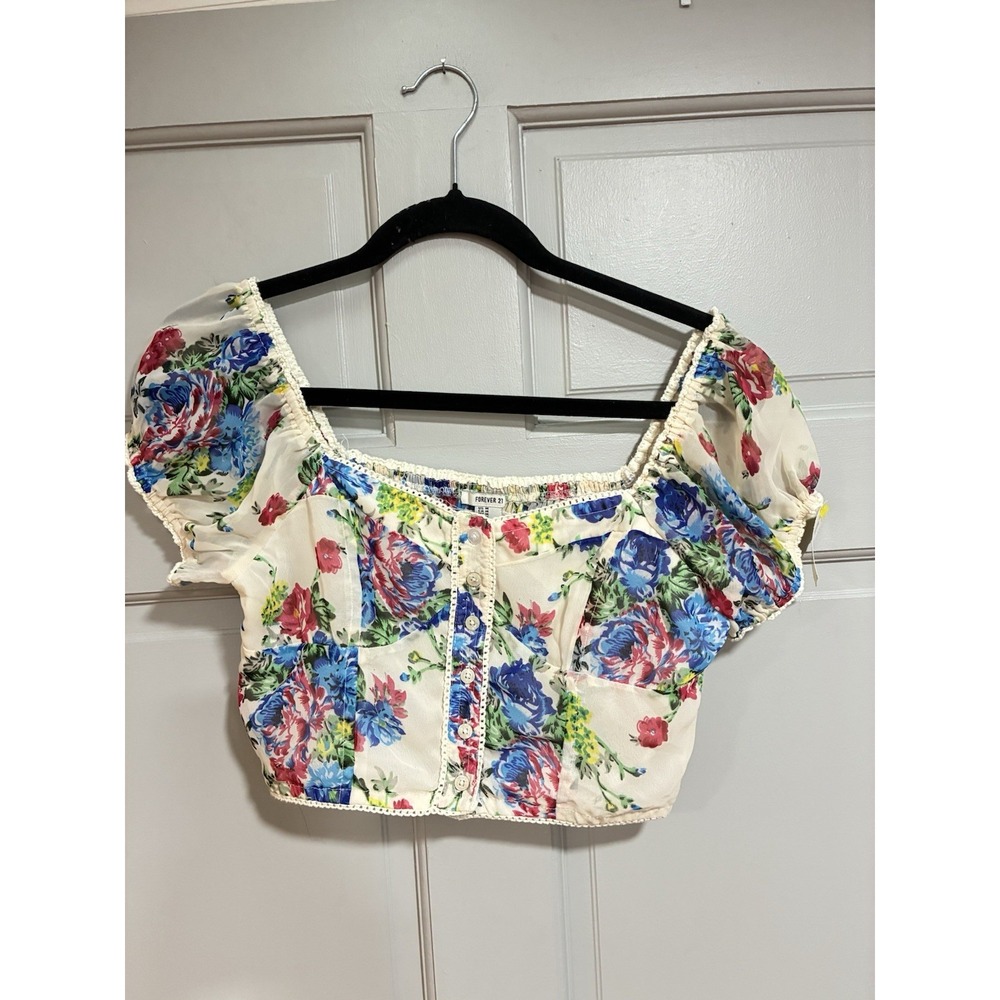 FOREVER 21 Women's Floral Square Neck Smocked Puff Sleeve Crop Top M